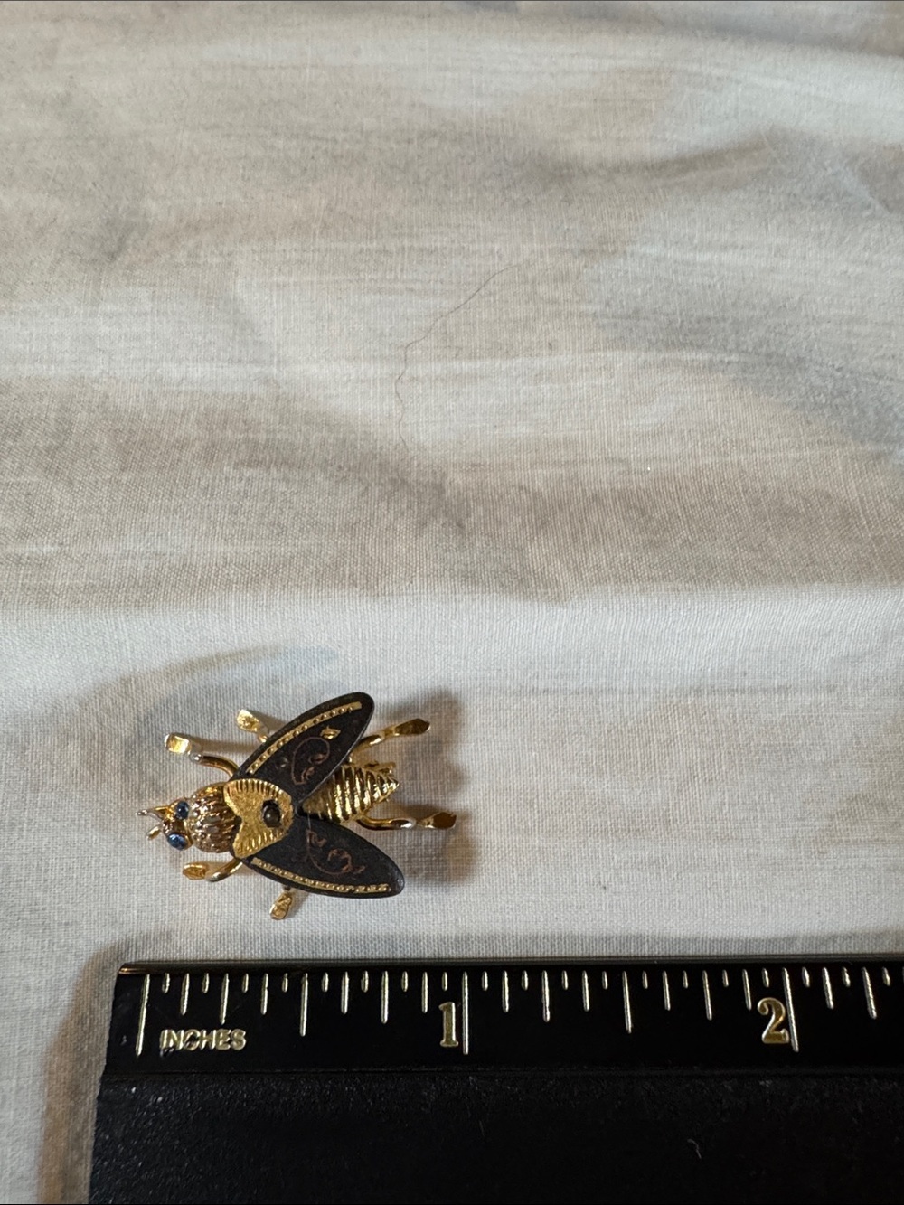 Gold Tone Bee Brooch with Black Enamel and Blue Rhinestones - Picture 2 of 3